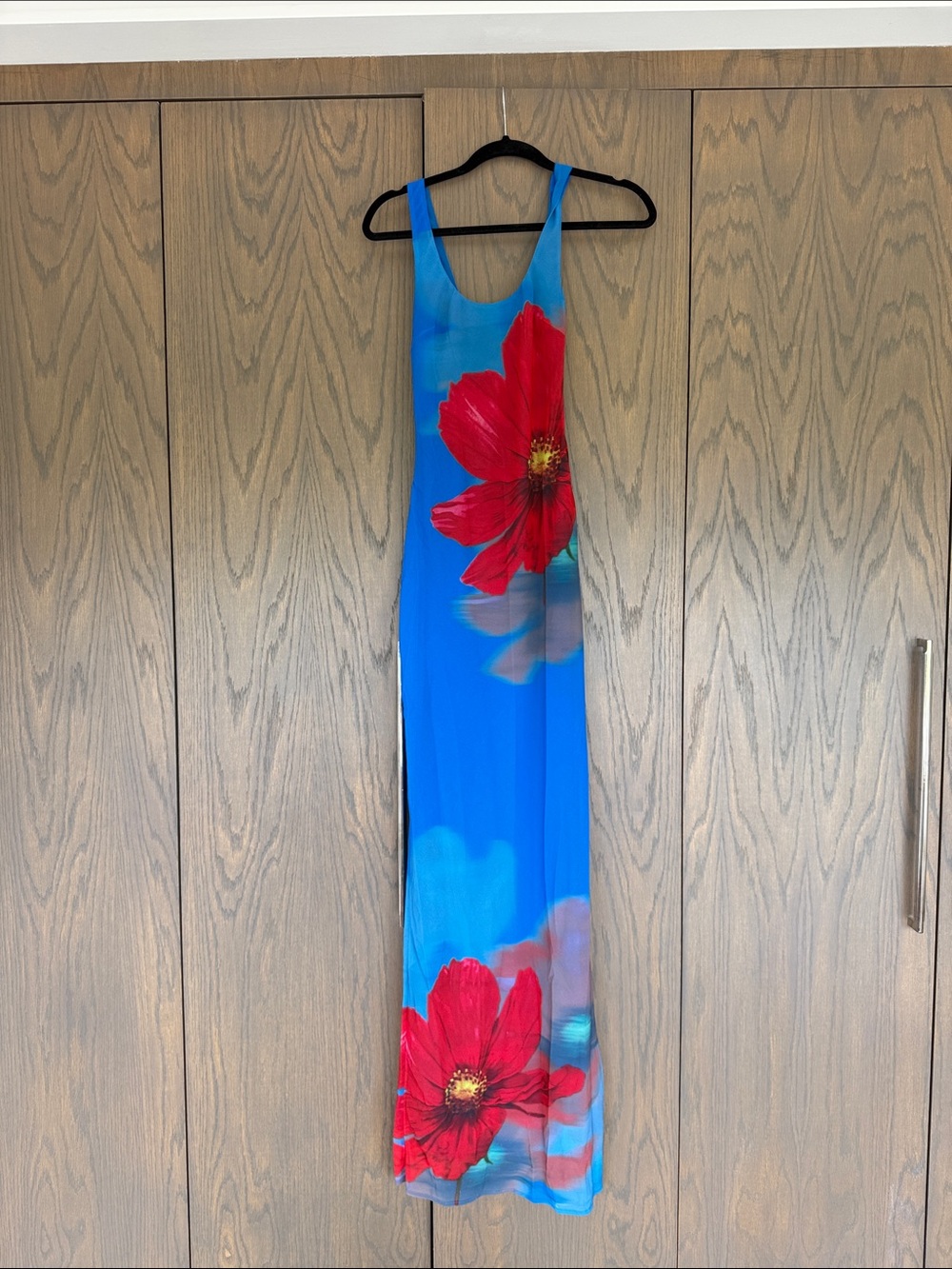 White Fox Boutique Blue Maxi Dress with Red Floral Print